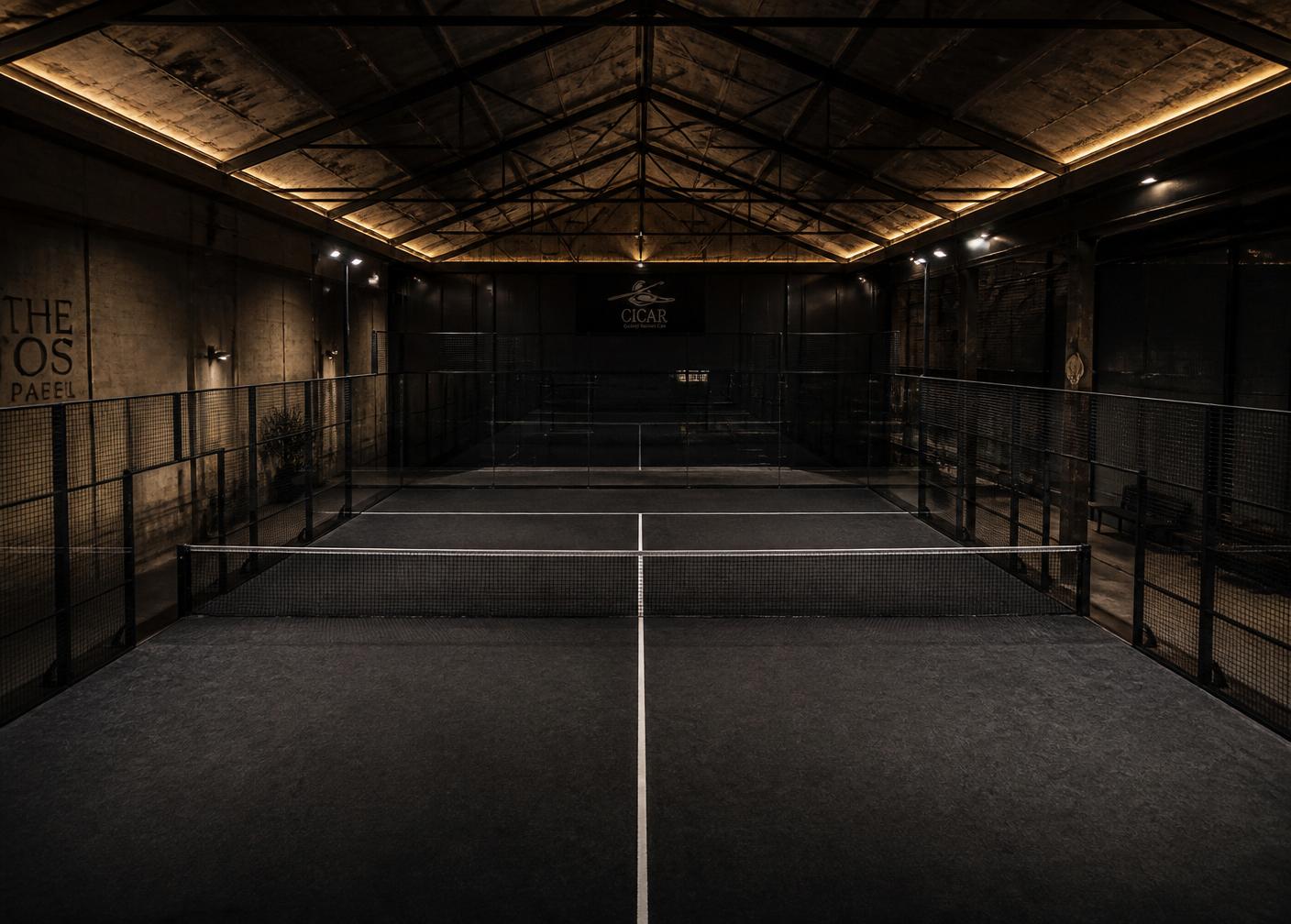 Einzelner dunkler Padelcourt mit anthrazitfarbenem Boden