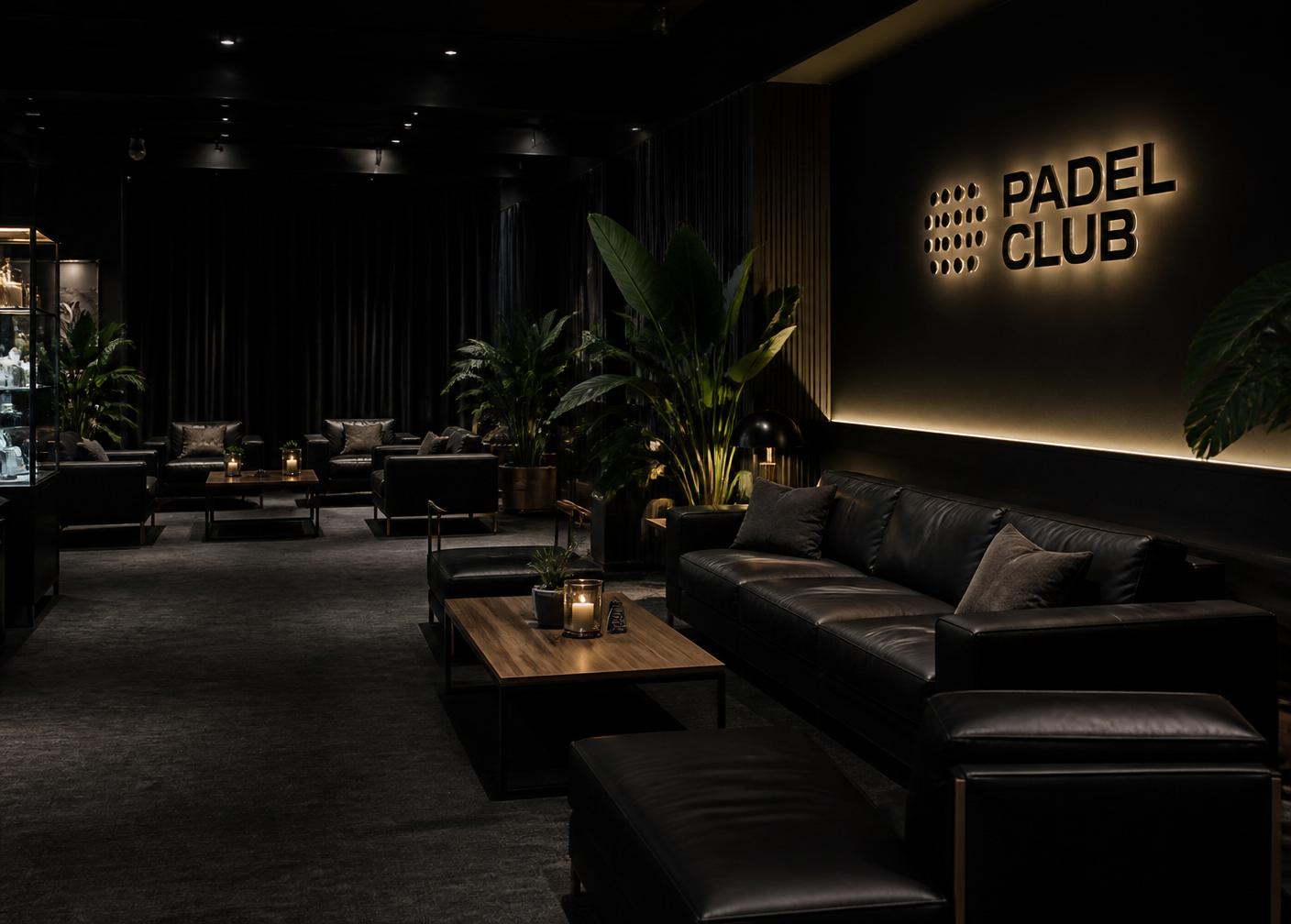 Dunkle Lounge mit schwarzen Ledersofas und warmer indirekter Beleuchtung